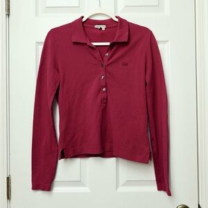 Lacoste Women's Fuchsia Button Polo Shirt - S/M Long Sleeves EUC with Chest logo